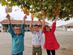 des enfants jouent avec des feuilles d'automne
